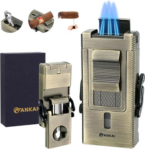 FANKAI Cigar Lighter with V Cigar Cutter, Built-in Cigar Punch, Holder, Draw Enhancer Tool, 5 in 1 Refillable Torch Butane Lighter, Windproof Triple Jet Flame, Lighters for Smoking in Saudi Arabia