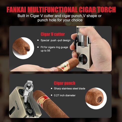 FANKAI Cigar Lighter with V Cigar Cutter, Built-in Cigar Punch, Holder, Draw Enhancer Tool, 5 in 1 Refillable Torch Butane Lighter, Windproof Triple Jet Flame, Lighters for Smoking in Saudi Arabia