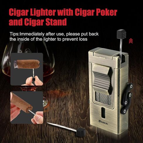 FANKAI Cigar Lighter with V Cigar Cutter, Built-in Cigar Punch, Holder, Draw Enhancer Tool, 5 in 1 Refillable Torch Butane Lighter, Windproof Triple Jet Flame, Lighters for Smoking in Saudi Arabia