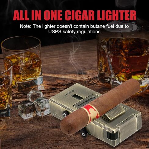 FANKAI Cigar Lighter with V Cigar Cutter, Built-in Cigar Punch, Holder, Draw Enhancer Tool, 5 in 1 Refillable Torch Butane Lighter, Windproof Triple Jet Flame, Lighters for Smoking in Saudi Arabia