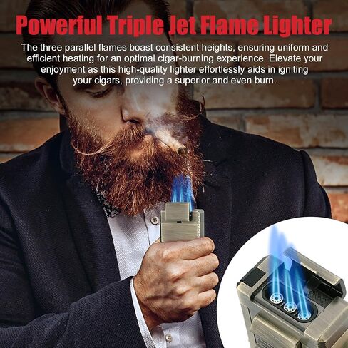 FANKAI Cigar Lighter with V Cigar Cutter, Built-in Cigar Punch, Holder, Draw Enhancer Tool, 5 in 1 Refillable Torch Butane Lighter, Windproof Triple Jet Flame, Lighters for Smoking in Saudi Arabia