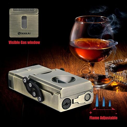 FANKAI Cigar Lighter with V Cigar Cutter, Built-in Cigar Punch, Holder, Draw Enhancer Tool, 5 in 1 Refillable Torch Butane Lighter, Windproof Triple Jet Flame, Lighters for Smoking in Saudi Arabia