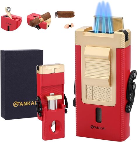 FANKAI Cigar Lighter with V Cigar Cutter, Built-in Cigar Punch, Holder, Draw Enhancer Tool, 5 in 1 Refillable Torch Butane Lighter, Windproof Triple Jet Flame, Lighters for Smoking in Saudi Arabia