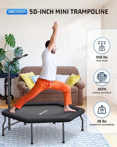 ترامبولين صغير للبالغين، ترامبولين داخلي مقاس 50 بوصة للبالغين بوزن 550 رطل. ترامبولين بدون زنبرك من ماكس لود للبالغين مع شريط مقبض قابل للتعديل بثلاثة مستويات in Kuwait