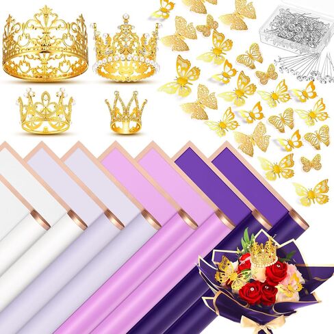 Kigeli 148 Pcs Flower Bouquet Accessories Include 20 Sheets Flower Wrapping Paper 4 Crowns 24 3D Butterfly Wall Decor 100 Bouquet Pins Gifts for Graduation Grad Mother's Day Birthday DIY(Black) in Saudi Arabia