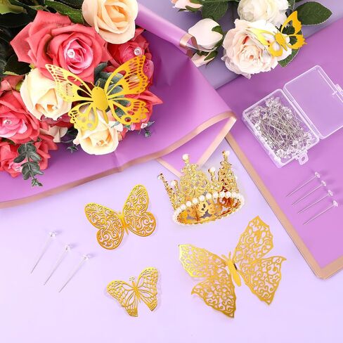 Kigeli 148 Pcs Flower Bouquet Accessories Include 20 Sheets Flower Wrapping Paper 4 Crowns 24 3D Butterfly Wall Decor 100 Bouquet Pins Gifts for Graduation Grad Mother's Day Birthday DIY(Black) in Saudi Arabia