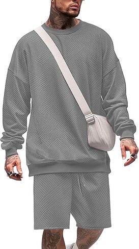 Mens 2 Piece Outfits Crewneck Sweatshirt Geometric Texture Long Sleeve and Joggers Shorts Sweatsuit Sets Tracksuit in Kuwait