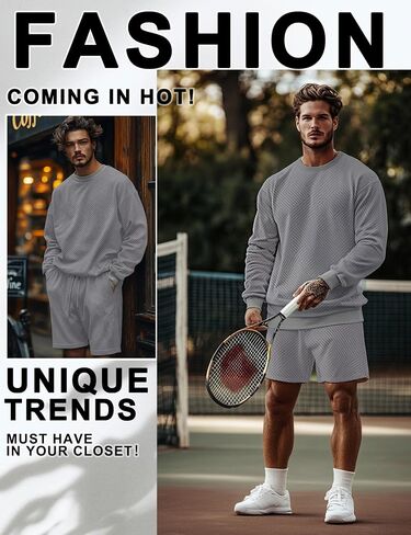 Mens 2 Piece Outfits Crewneck Sweatshirt Geometric Texture Long Sleeve and Joggers Shorts Sweatsuit Sets Tracksuit in Kuwait