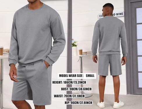 Mens 2 Piece Outfits Crewneck Sweatshirt Geometric Texture Long Sleeve and Joggers Shorts Sweatsuit Sets Tracksuit in Kuwait
