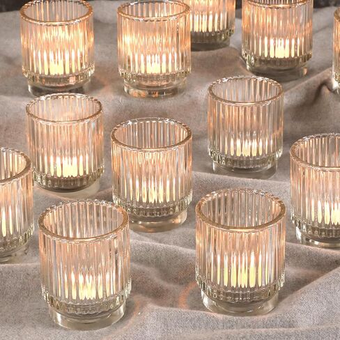 Vintage Ribbed Clear Glass Tealight & Votive Candle Holders (Set of 12), Wedding Bridal Shower Party Table Decor, Fall Decor, Boho Decor, Shelf Decoration in Saudi Arabia