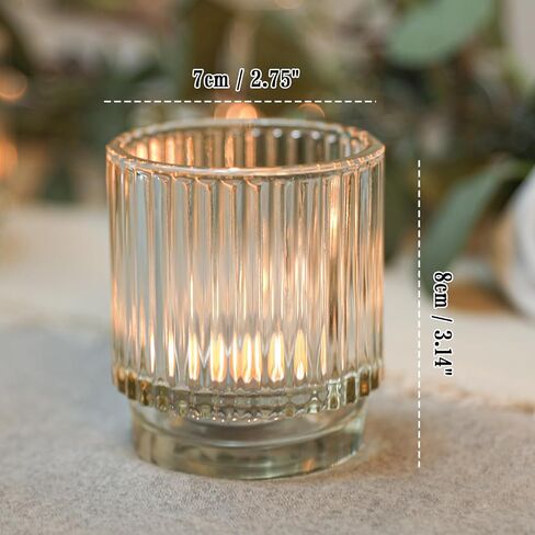 Vintage Ribbed Clear Glass Tealight & Votive Candle Holders (Set of 12), Wedding Bridal Shower Party Table Decor, Fall Decor, Boho Decor, Shelf Decoration in Saudi Arabia