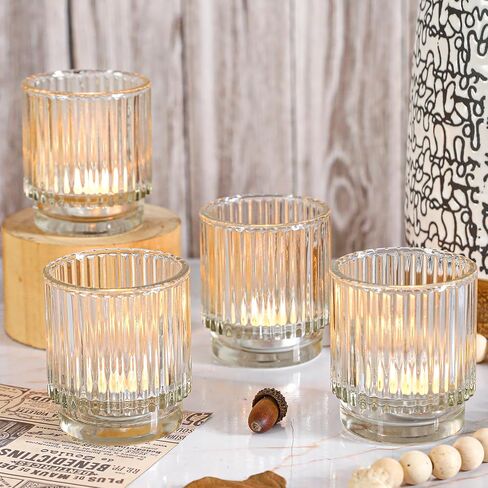 Vintage Ribbed Clear Glass Tealight & Votive Candle Holders (Set of 12), Wedding Bridal Shower Party Table Decor, Fall Decor, Boho Decor, Shelf Decoration in Saudi Arabia