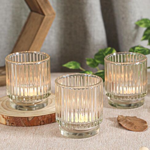 Vintage Ribbed Clear Glass Tealight & Votive Candle Holders (Set of 12), Wedding Bridal Shower Party Table Decor, Fall Decor, Boho Decor, Shelf Decoration in Saudi Arabia