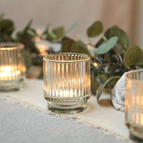 Vintage Ribbed Clear Glass Tealight & Votive Candle Holders (Set of 12), Wedding Bridal Shower Party Table Decor, Fall Decor, Boho Decor, Shelf Decoration in Saudi Arabia