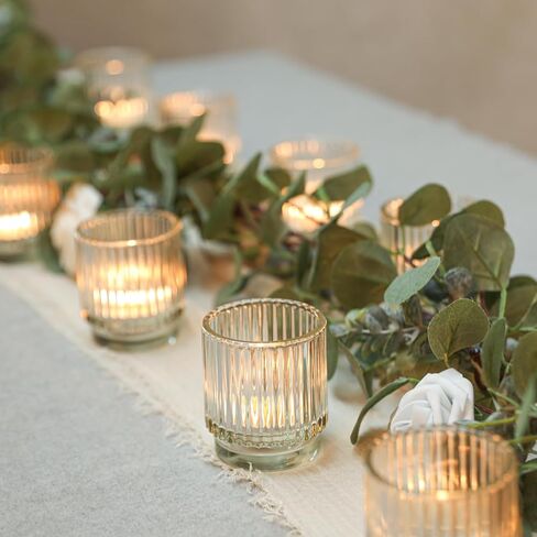 Vintage Ribbed Clear Glass Tealight & Votive Candle Holders (Set of 12), Wedding Bridal Shower Party Table Decor, Fall Decor, Boho Decor, Shelf Decoration in Saudi Arabia