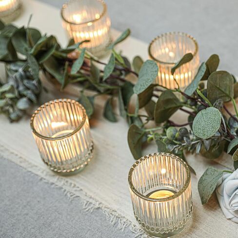 Vintage Ribbed Clear Glass Tealight & Votive Candle Holders (Set of 12), Wedding Bridal Shower Party Table Decor, Fall Decor, Boho Decor, Shelf Decoration in Saudi Arabia