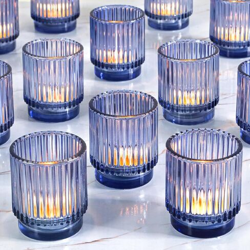 Vintage Ribbed Clear Glass Tealight & Votive Candle Holders (Set of 12), Wedding Bridal Shower Party Table Decor, Fall Decor, Boho Decor, Shelf Decoration in Saudi Arabia