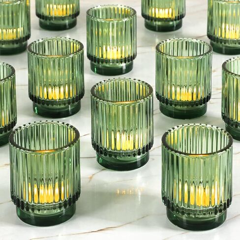Vintage Ribbed Clear Glass Tealight & Votive Candle Holders (Set of 12), Wedding Bridal Shower Party Table Decor, Fall Decor, Boho Decor, Shelf Decoration in Kuwait