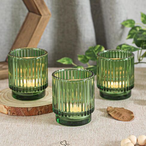 Vintage Ribbed Clear Glass Tealight & Votive Candle Holders (Set of 12), Wedding Bridal Shower Party Table Decor, Fall Decor, Boho Decor, Shelf Decoration in Kuwait