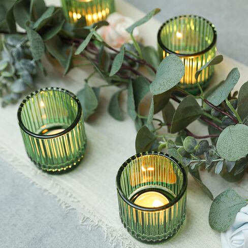 Vintage Ribbed Clear Glass Tealight & Votive Candle Holders (Set of 12), Wedding Bridal Shower Party Table Decor, Fall Decor, Boho Decor, Shelf Decoration in Kuwait