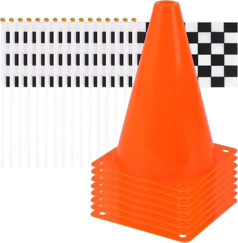 Mini Traffic Cones（With Hole on Top）with Racing Checkered Flags, Sports Safety Cones for Soccer Cones and Basketball Practice Equipment - Mini Orange Cones for Soccer Practice and Small Driving Practice Cones.Race Car Birthday Party Supplies, Kids Gift. ( in Saudi Arabia