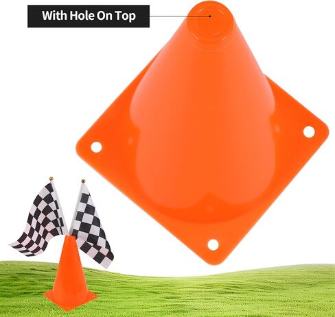 Mini Traffic Cones（With Hole on Top）with Racing Checkered Flags, Sports Safety Cones for Soccer Cones and Basketball Practice Equipment - Mini Orange Cones for Soccer Practice and Small Driving Practice Cones.Race Car Birthday Party Supplies, Kids Gift. ( in Saudi Arabia