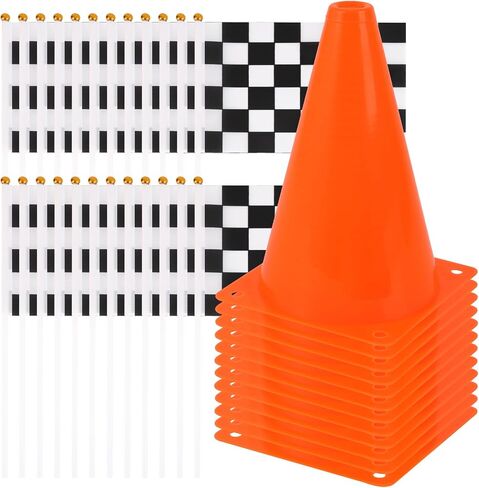 Mini Traffic Cones（With Hole on Top）with Racing Checkered Flags, Sports Safety Cones for Soccer Cones and Basketball Practice Equipment - Mini Orange Cones for Soccer Practice and Small Driving Practice Cones.Race Car Birthday Party Supplies, Kids Gift. ( in Saudi Arabia