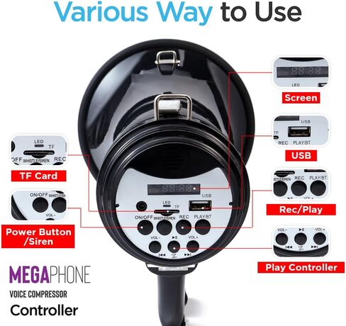Bullhorn Megaphone with Siren & Volume Control/Recorder - Waterproof 20W Reliable and Consistent Performance, 200-sec Voice Recording with Maximum Range 1093Yards in Saudi Arabia