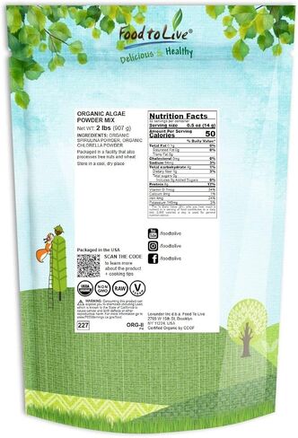 Food to Live Organic Algae Powder Mix, 2 Pounds – Spirulina and Chlorella 50/50 Blend, Non-GMO, Rich in Chlorophyll, Raw, Pure, Vegan Superfood, Bulk, Great for Smoothies, Good Source of Protein in Saudi Arabia