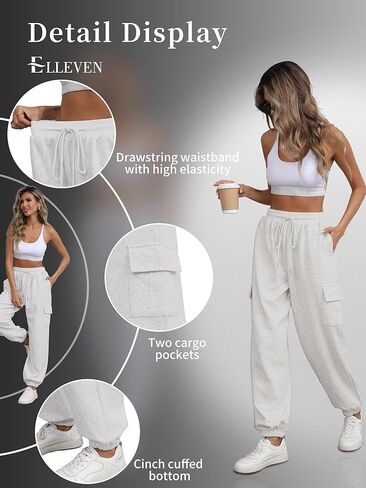 ELLEVEN High Waisted Sweatpants for Women - Baggy Cuffed Jogger with Cargo Pockets and Adjustable Drawstring in Kuwait