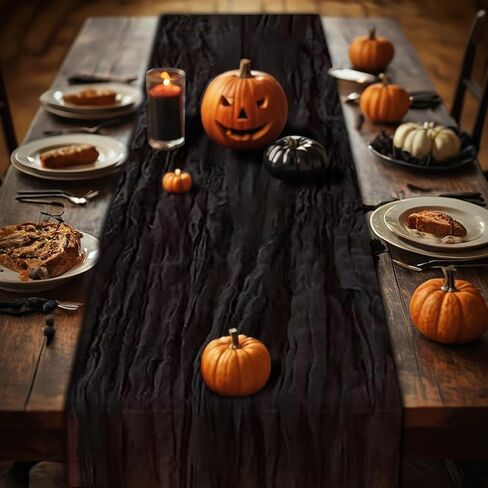 Black Cheesecloth Table Runner,1 PCS/35 x 120 Inch/10 Ft Long Thanksgiving Table Runner,Gauze Rustic Vintage Table Runner for Wedding Birthday Holiday Party Halloween Table Decor in Saudi Arabia