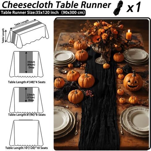 Black Cheesecloth Table Runner,1 PCS/35 x 120 Inch/10 Ft Long Thanksgiving Table Runner,Gauze Rustic Vintage Table Runner for Wedding Birthday Holiday Party Halloween Table Decor in Saudi Arabia