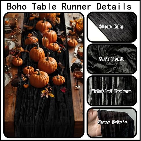 Black Cheesecloth Table Runner,1 PCS/35 x 120 Inch/10 Ft Long Thanksgiving Table Runner,Gauze Rustic Vintage Table Runner for Wedding Birthday Holiday Party Halloween Table Decor in Saudi Arabia