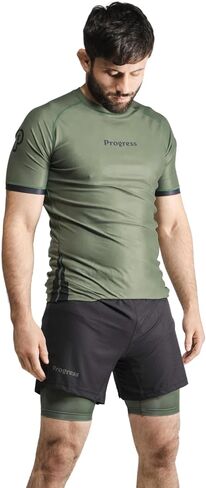 أكاديمية + كم قصير Rashguard | واقي من الطفح الجلدي BJJ مرن ومتين | قمصان ضغط ماصة للرطوبة للرجال والنساء | 80% بوليستر/20% سباندكس (L، كاكي) in Kuwait