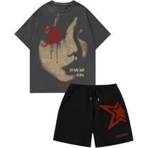GORGLITTER Men's 2 Piece Outfit Graphic Letter Print Short Sleeve Tee Drawstring Waist Shorts Tracksuit Set