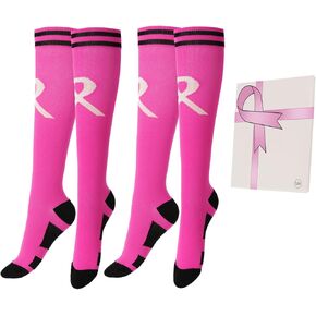 2 Pairs Breast Cancer Awareness Socks,Pink Ribbon Compression Socks for Softball Soccer Football Baseball Socks
