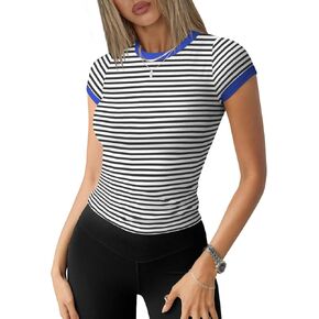 Womens Crew Neck Ribbed Skim Short Sleeve Fitted T Shirts Casual Basic Tight Tees Stretchy Tops for Women