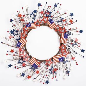 Patriotic Wreath 4th of July Wreath for Front Door Red White Blue Foam Roses Round Wreath with Independence Day Burlap Bow for Memorial Day Veterans Day Indoor Outdoor Hanging Decoration