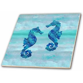 بلاط زخرفي للزوجين من 3dRose Seahorses بالحبر الأزرق مقاس 15.24 سم، سيراميك