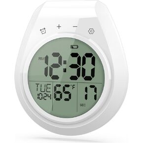 Shower Clock, Waterproof Bathroom Clock with Temperature, Kitchen Countdown Timer, Digital Wall Clock, Large LCD Display, Touch Buttons with Easy Setting, Suction Cup, Adhesive Hanger, White