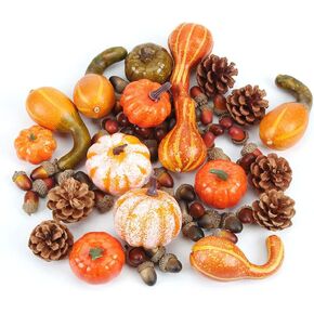 belupai 50Pcs Artificial Harvest Pumpkins Decoration Set, Halloween Mini Artificial Pumpkins Gourds Maple Leaves Berries Pine Cones Acorns DIY Craft for Halloween Party Decoration(Yellow)