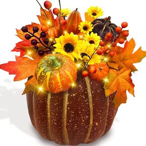 TURNMEON 10 Inch Large Prelit Pumpkin Decor 10 LED 8 Maple Leafed 6 Pumpkins 5 Berried Stems 5 Sunflowers Battery Operated Thanksgiving Artificial Fall Decor Home Indoor Outdoor Thanksgiving Table