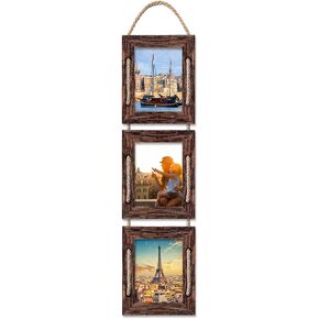 5x7 Hanging Collage Picture Frames Wall Decor, 3-Opening 5x7 Rustic Wood Frame with Hemp Rope, 2 Pack,Brown
