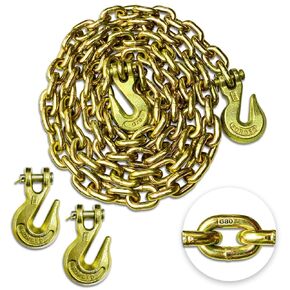 YATOINTO G80 Transport Binder Chain 3/8 Inch x 10 Foot with 2 Clevis Grab Hooks & 2 Added Clevis Snap Hook, 7,100 lbs SWL, Heavy-Duty Logging Chain for Transporting, Towing, Tie Down