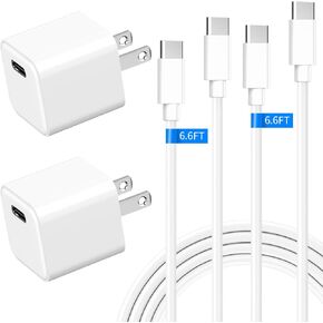 20W USB C Wall Charger Block for Android Google Pixel 8/8 Pro/7/7a/7 Pro/6 Pro, Galaxy S24, iPhone 15 Pro Max, [2 Pack] PD Type-C Port Compact Cube Fast Charging Power Mini Adapter + 2 PC 6FT Cable
