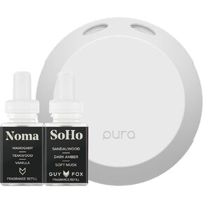 Pura - مجموعة بدء تشغيل جهاز عطور المنزل الذكي - Pura 4 - موزع رائحة للمنزل - يتضمن موزع روائح عطرية - صندوق مربع، وأخشاب القرفة وعطور اليقطين الأبيض