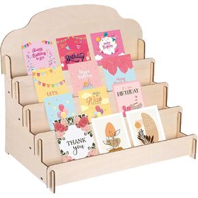 PATIKIL Greeting Card Display Stand, 4 Tiered Sticker Display Holder Portable Postcard Display Stand Wooden Greeting Card Display Rack for Card Photo, 15.8 x 10.4 x 14.2, Beige