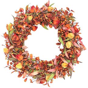 Fall Wreaths for Front Door 22 Inch Artificial Fall Wreath Orange Autumn Wreath with Wildflower and Eucalyptus Leaves for Thanksgiving Indoor Outdoor Home Decorations