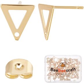 Beebeeecraft 80Pcs 4 Styles Stainless Steel Earring Posts Oval Flat Round Triangle Rhombus Earring Studs Findings with Loop for DIY Women Earring Making Supplies