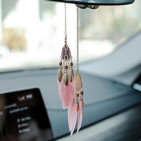 Mini Dream Catcher Car Interior Rearview Mirror Hanging Decor Nature Feather Small Boho Car Charms Pendant Accessories (New Pink) in Saudi Arabia